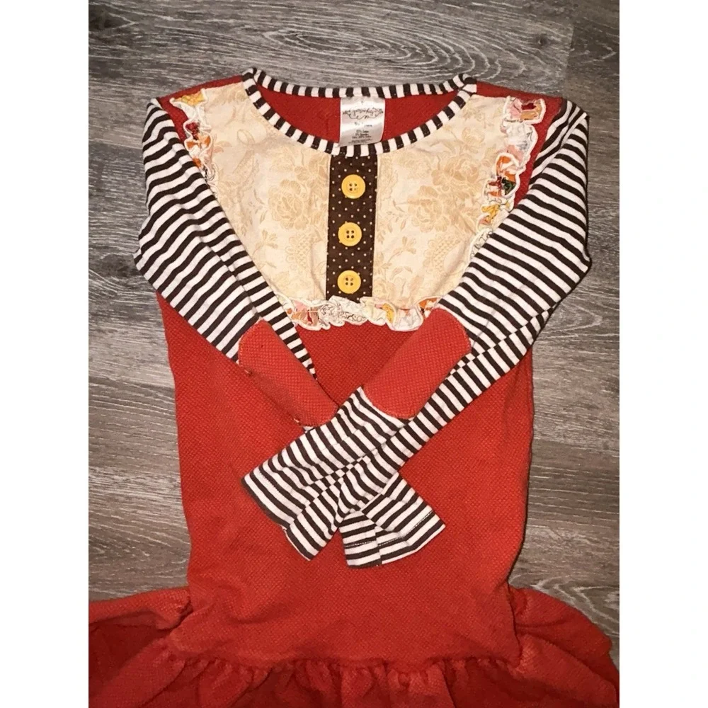 Persnickety red and brown long-sleeve fall ruffle dress